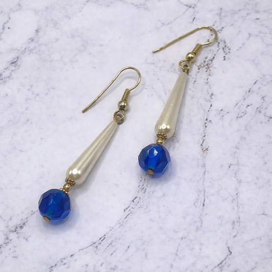 Elongated Teardrop Pearl & Blue Glass Crystal Dangle Earrings • Handmade