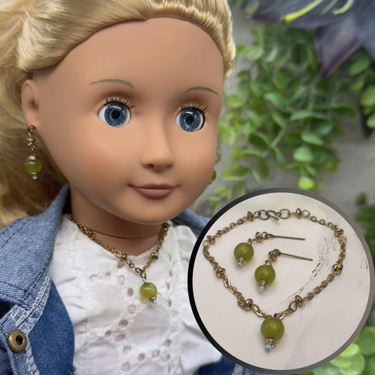 Light Olive Green Drop Gold Chain Doll Necklace & Earrings Set • 18 Inch Fashion Doll Jewelry
