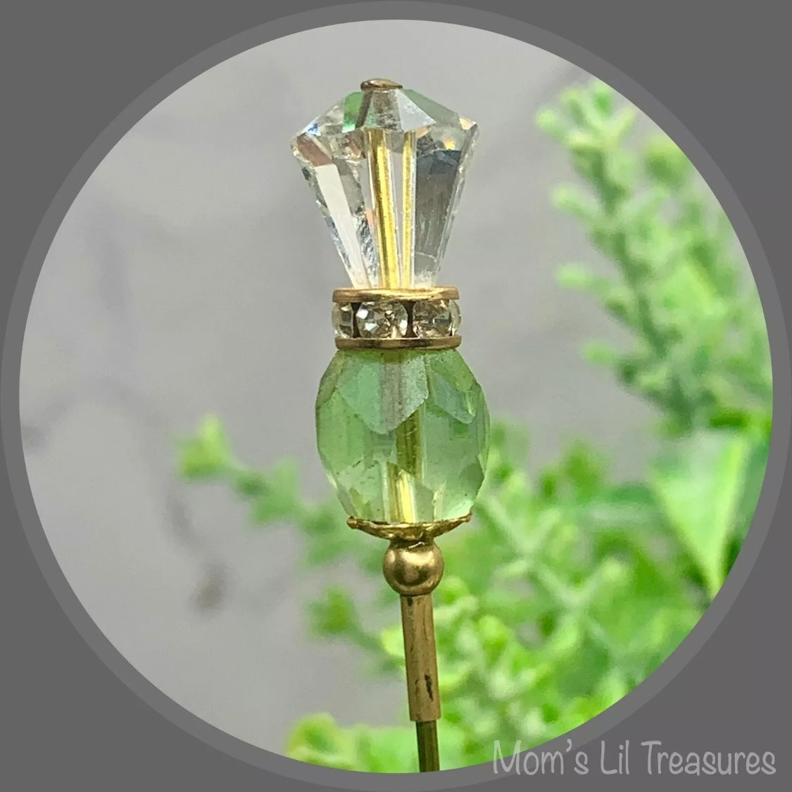 Green Glass Crystal - Gold Tone - Clear Rhinestone • 6” Pin • Hatpin - Stick Pin