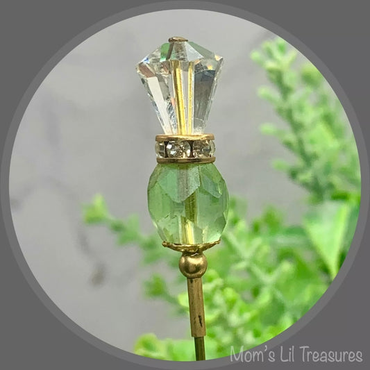Green Glass Crystal - Gold Tone - Clear Rhinestone • 6” Pin • Hatpin - Stick Pin