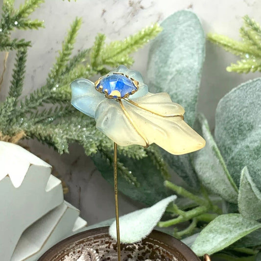 Blue & Clear Acrylic Leaf Blue Rhinestone Gold Tone Accent - 6” Pin • Hatpin