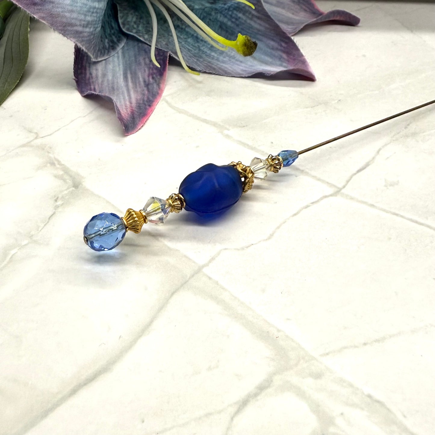 Blue & Clear Crystal Gold Filigree Accent • 8” Hatpin / Stick Pin