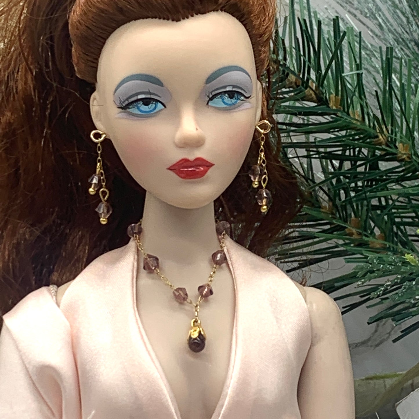 Purple Glass Teardrop Gold Doll Necklace Earrings Set • 16” Fashion Doll Jewelry