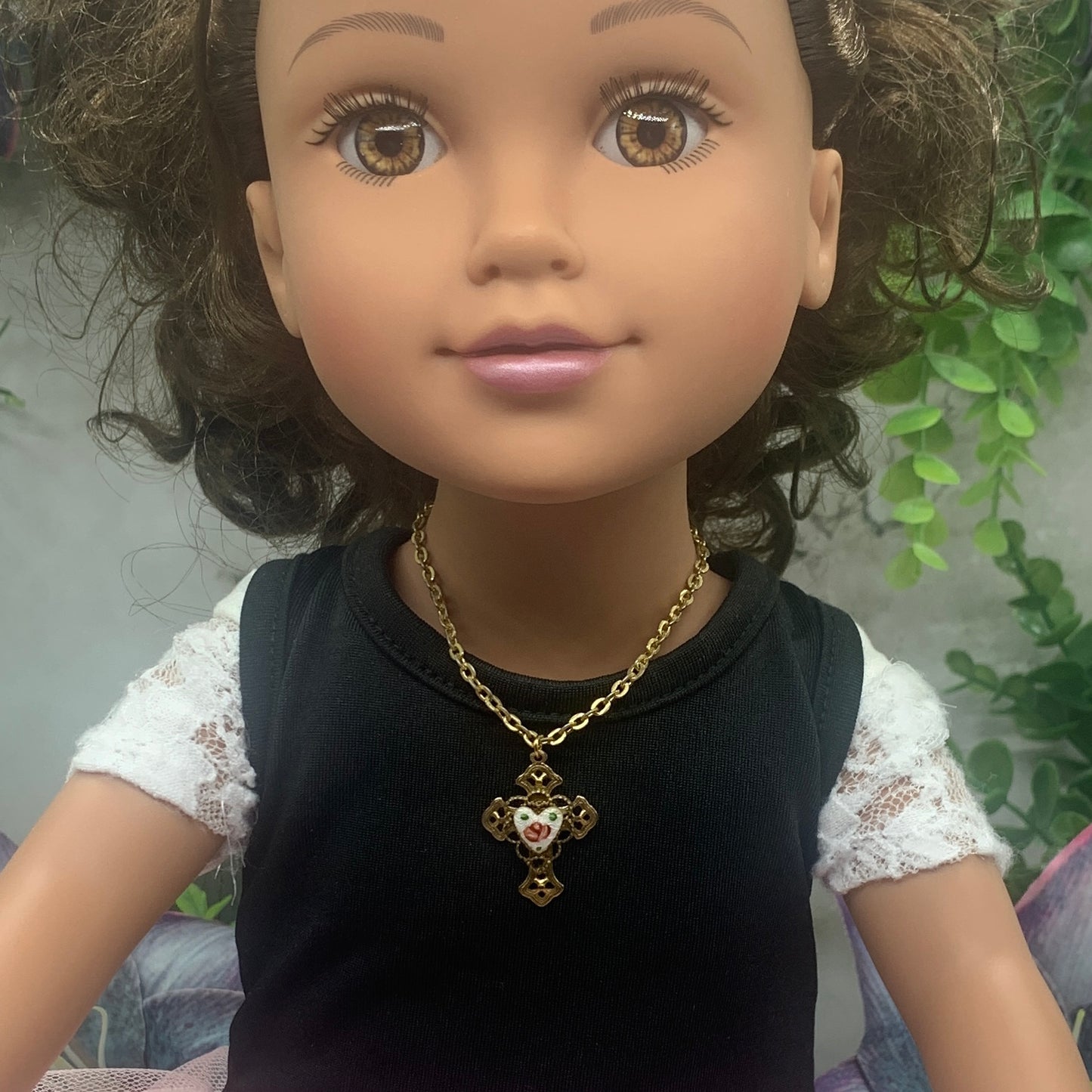White Enamel Pink Rose Heart Design Gold Filigree Cross Pendant Doll Necklace • 18” Doll Jewelry