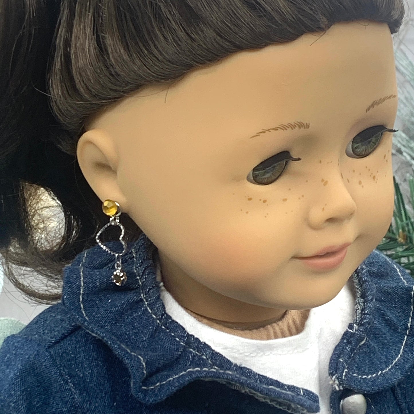 Golden Amber Rhinestone Post Silver Heart Doll Earring fits 18” American Girl