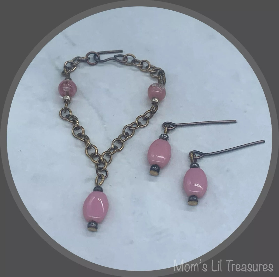 16” Fashion Doll Jewelry • Pink Glass Copper Chain Doll Necklace Earrings Set