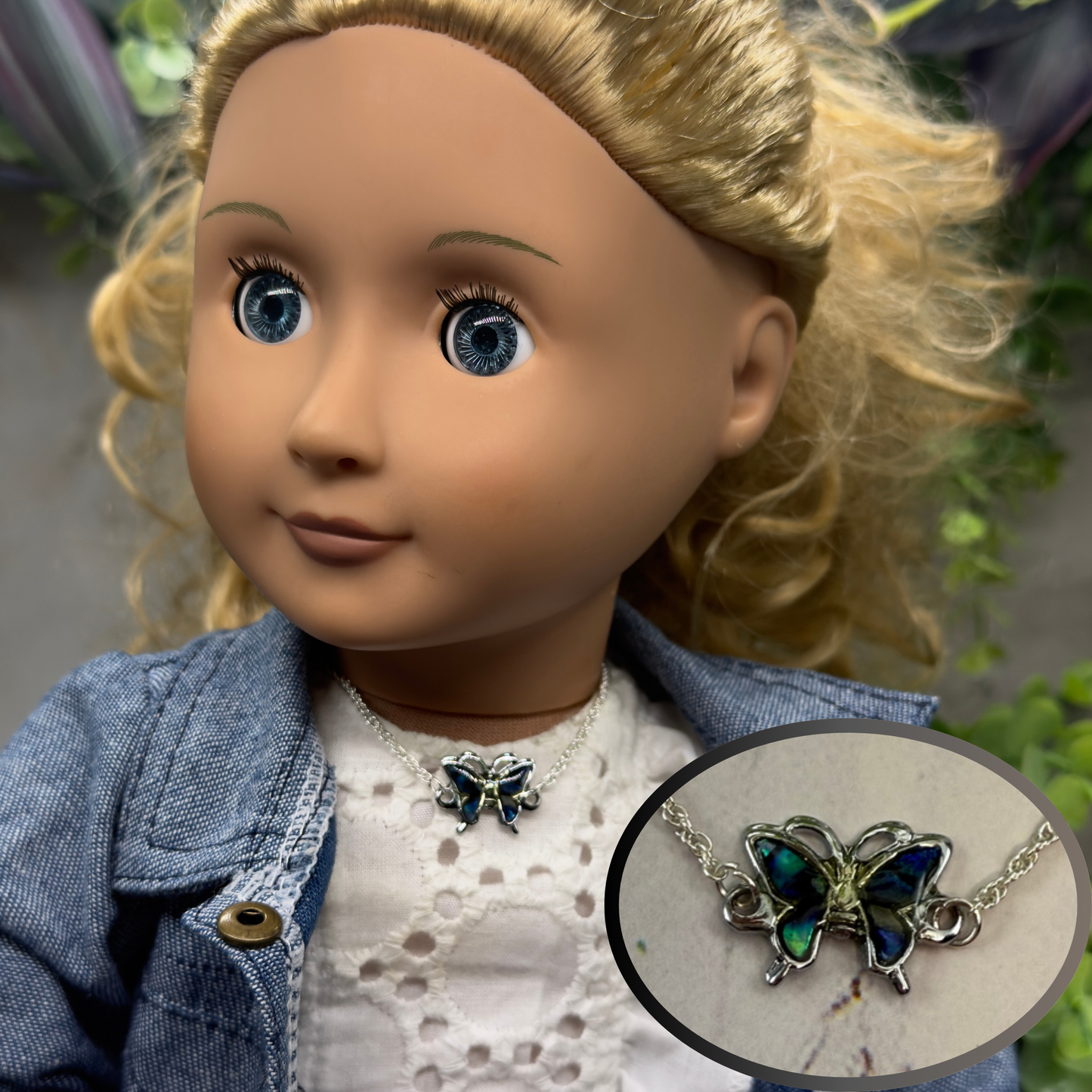 Blue Turquoise Enamel Butterfly Charm Silver Doll Necklace • 18 Inch Fashion Doll Jewelry