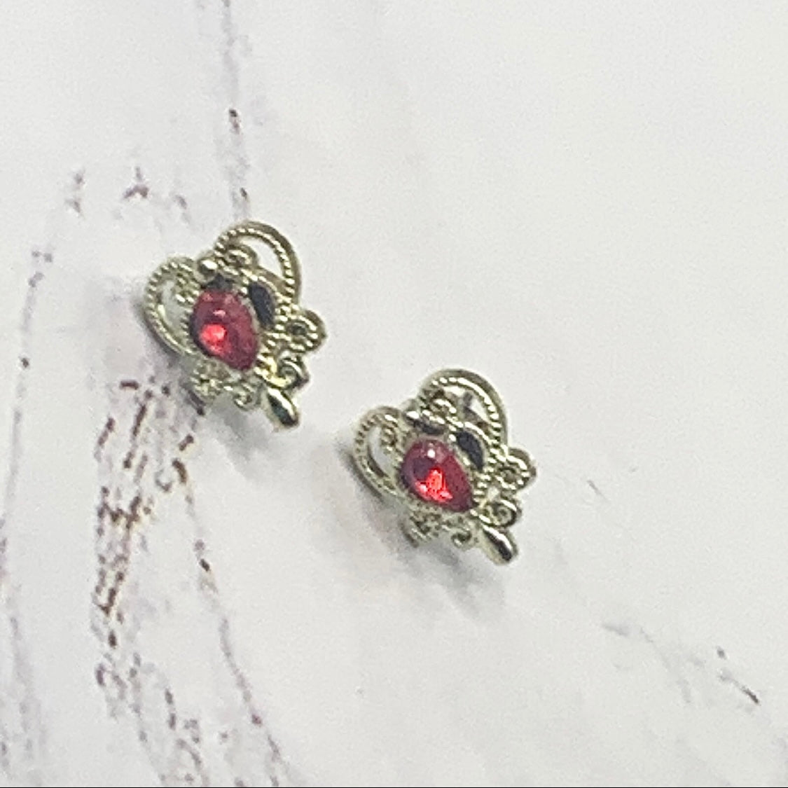 Gold Filigree Red Rhinestone Heart Post Doll Earrings • 18 Inch Doll Jewelry