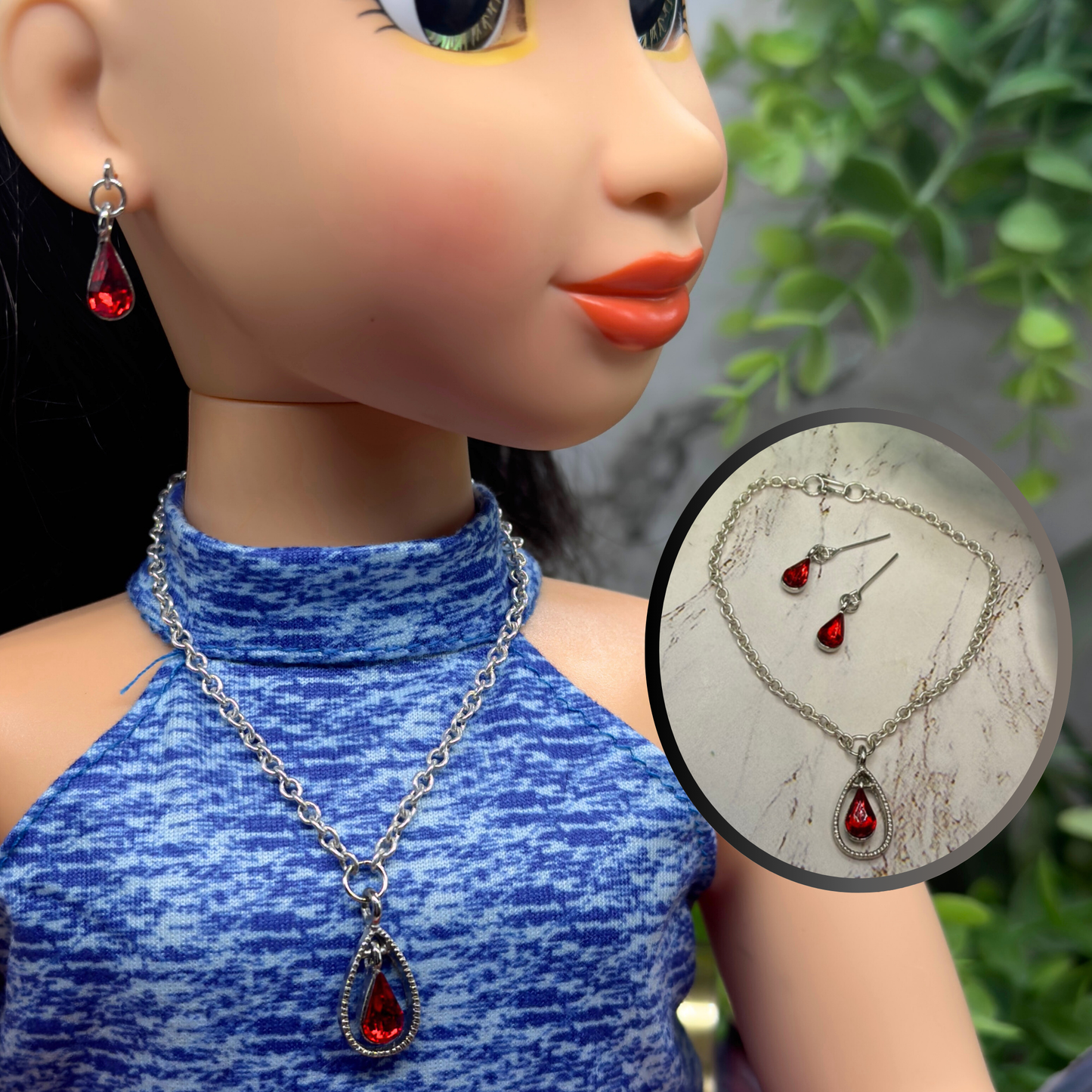 Red Teardrop Rhinestone Necklace & Earrings Set • 18” Fashion Doll Jewelry
