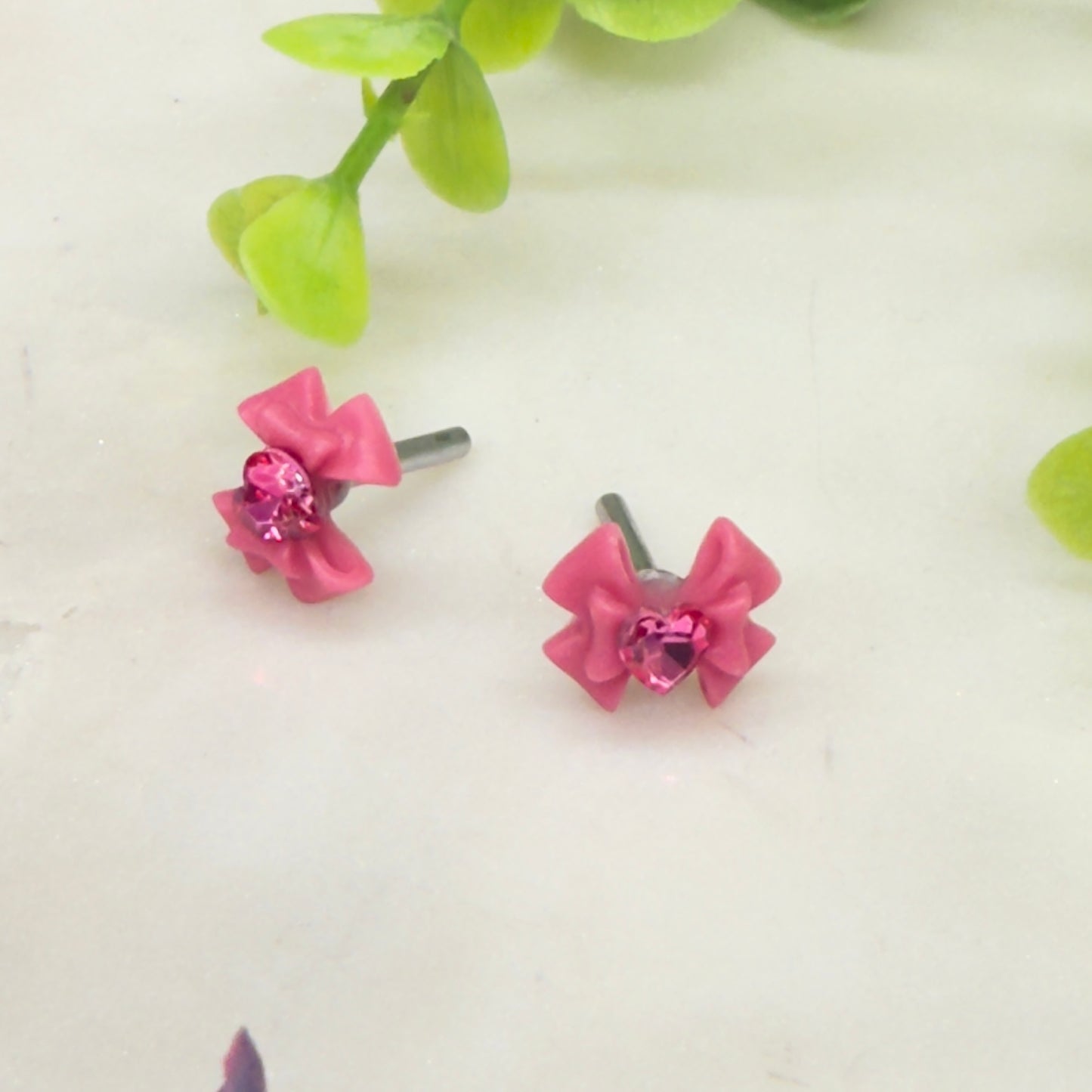 Pink Bow Heart Rhinestone 2mm Post Doll Earrings • fits 18 Inch Fashion Dolls