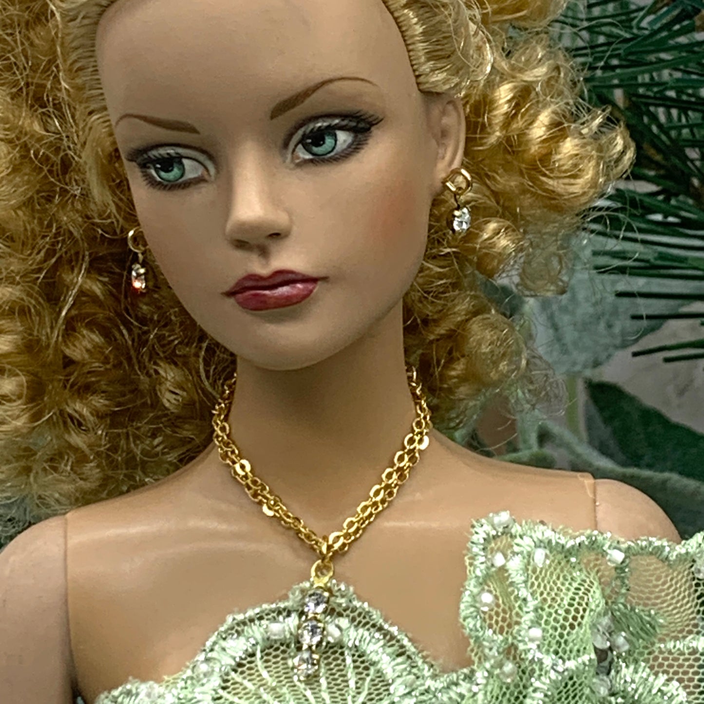 Clear Rhinestone Gold Double Chain Doll Necklace Earring Set • 16” Doll Jewelry