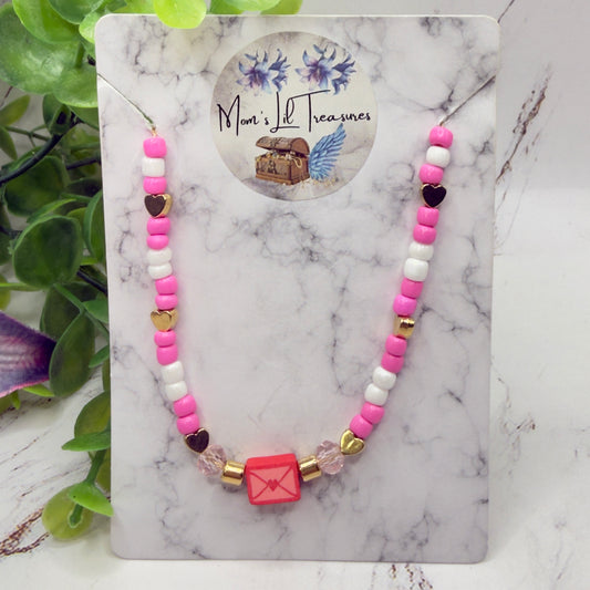 Love Letter Charm Pink White Gold Beaded Valentine’s Day Doll Necklace • 18 Inch Fashion Doll Jewelry