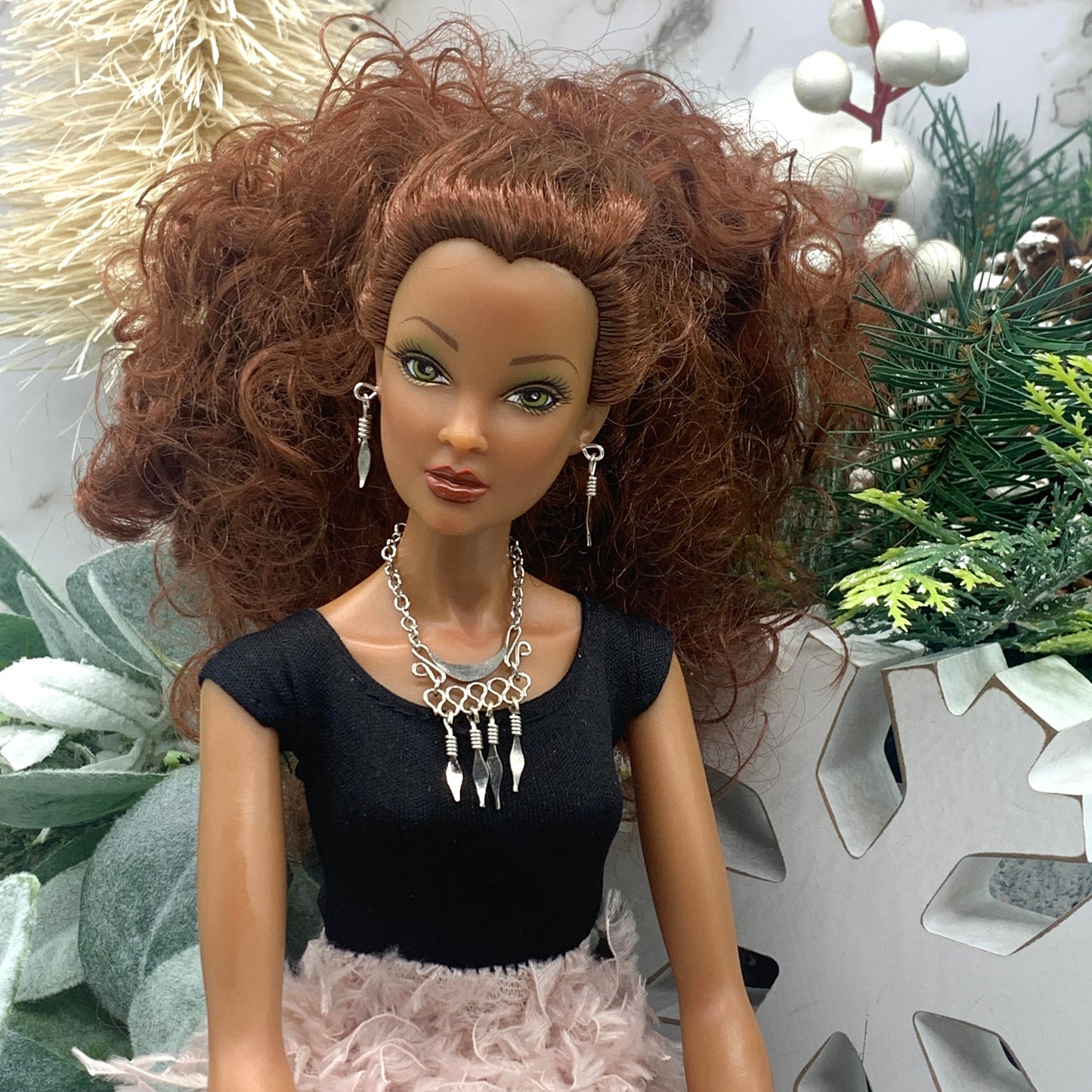 Silver Dangle Statement Doll Necklace Matching Earring Set • 16” Doll Jewelry