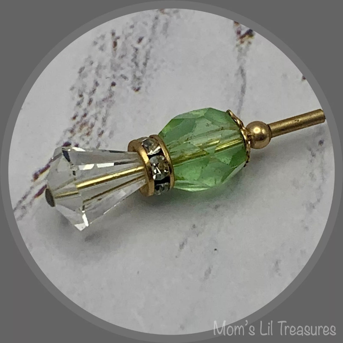 Green Glass Crystal - Gold Tone - Clear Rhinestone • 6” Pin • Hatpin - Stick Pin