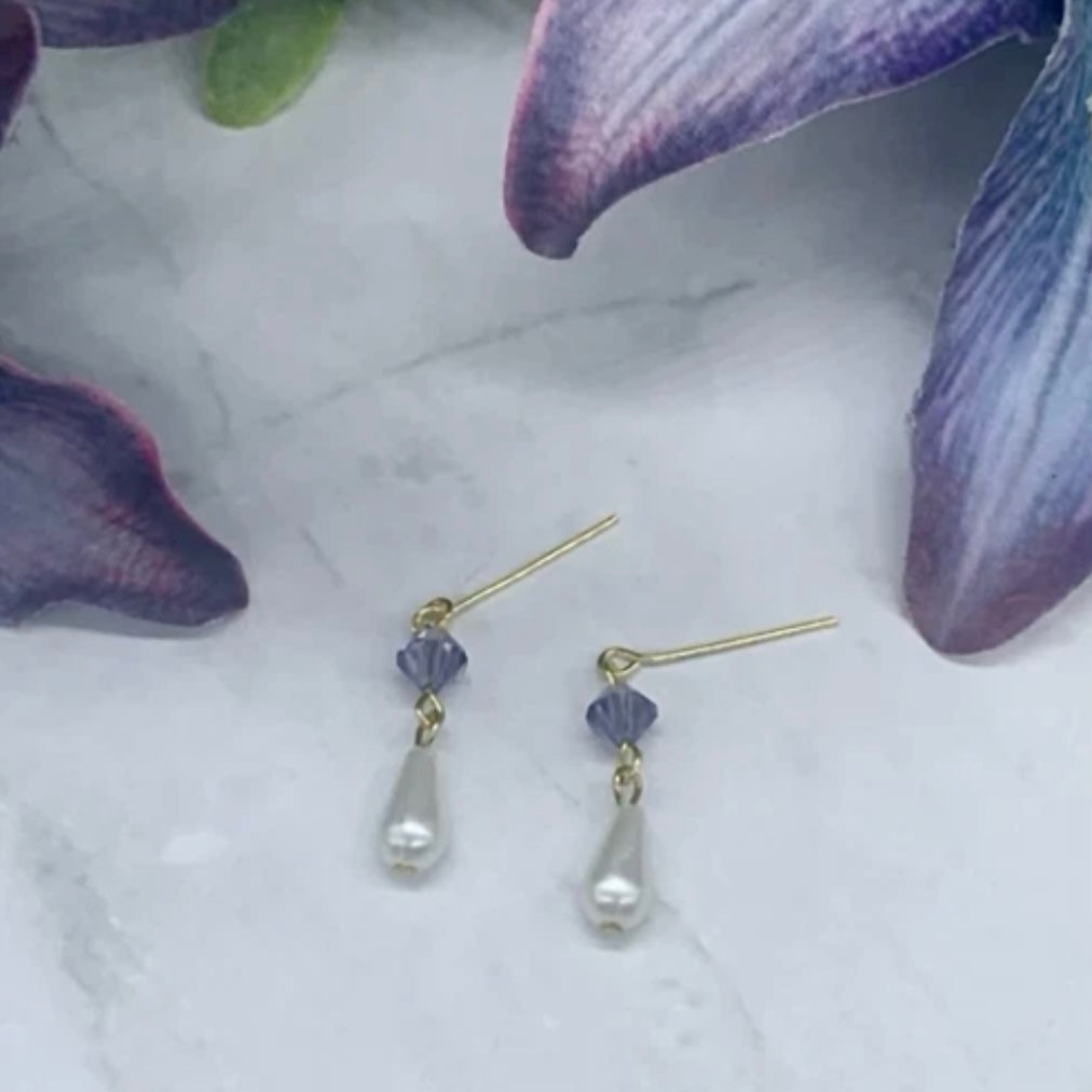 Purple Glass Crystal Teardrop Pearl Dangle Doll Earrings • 18 Inch Doll Jewelry