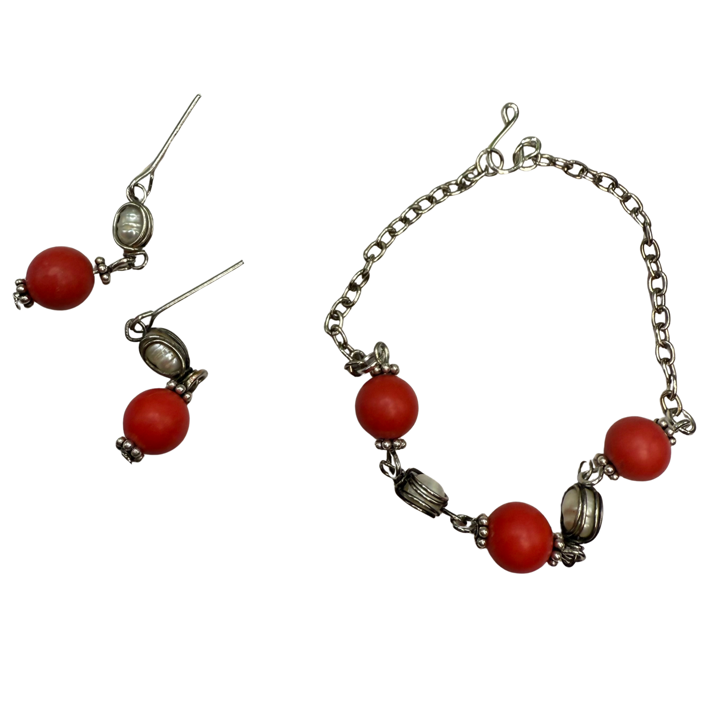 Candy Apple Red Pearl & Silver Doll Necklace & Earrings Set • 18 Inch Doll Jewelry