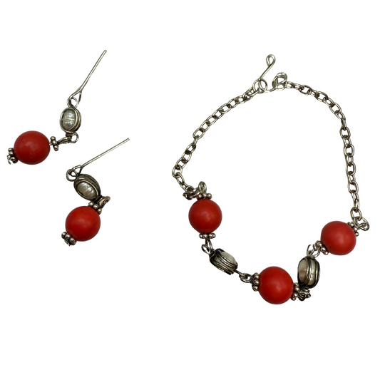 Candy Apple Red Pearl & Silver Doll Necklace & Earrings Set • 18 Inch Doll Jewelry