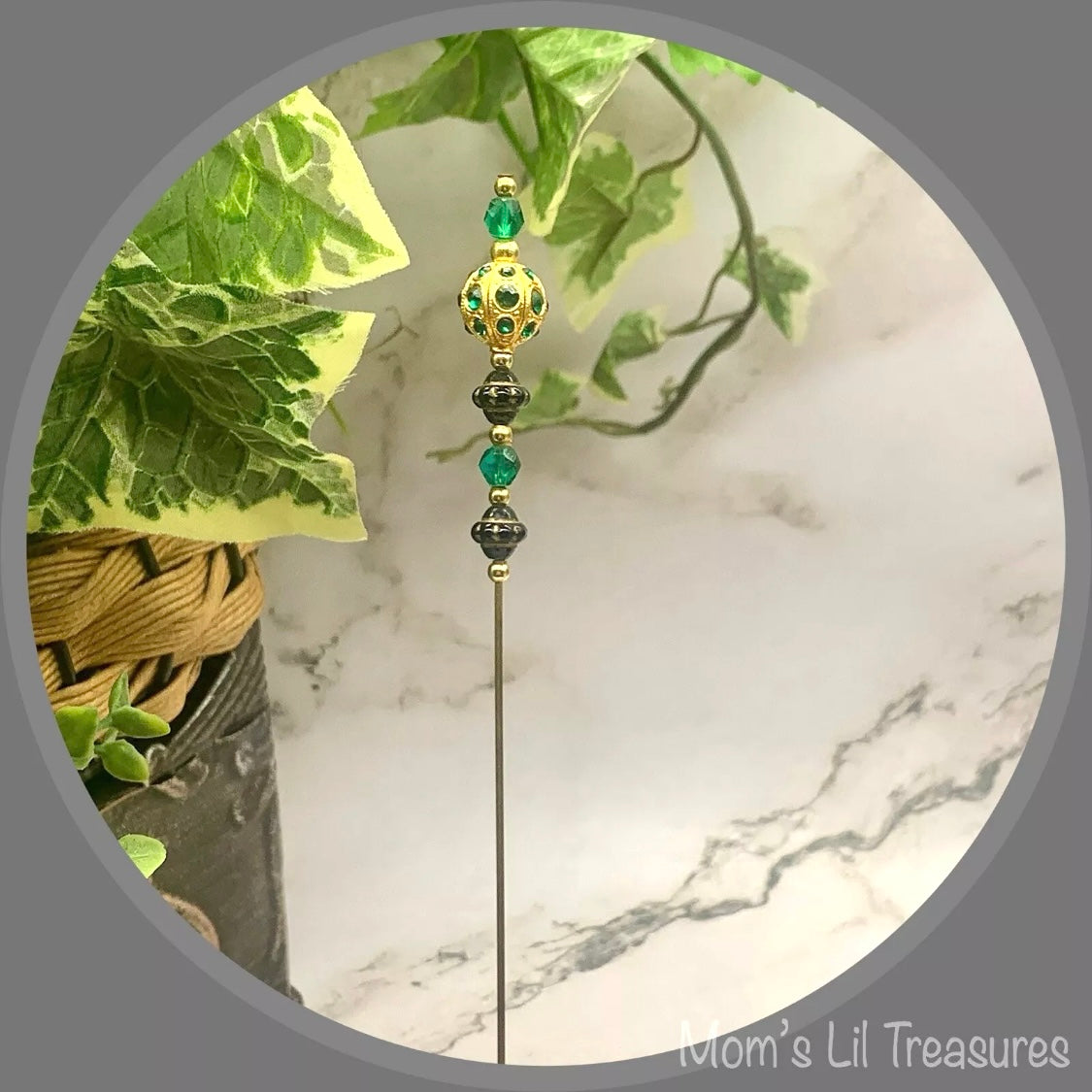 Green Glass Crystal Gold Ball Rhinestone Accents - 8” • Hatpin - Stick Pin