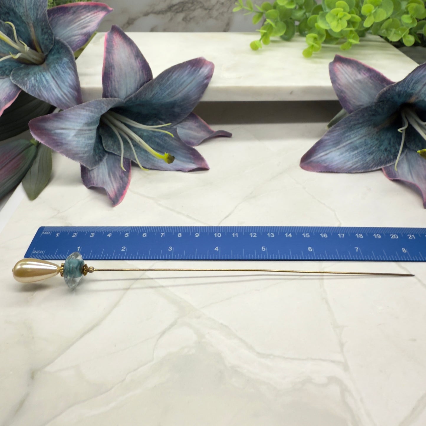 Teardrop Pearl Translucent Blue Green Gold Accent • 8” Pin Hatpin - Stick Pin