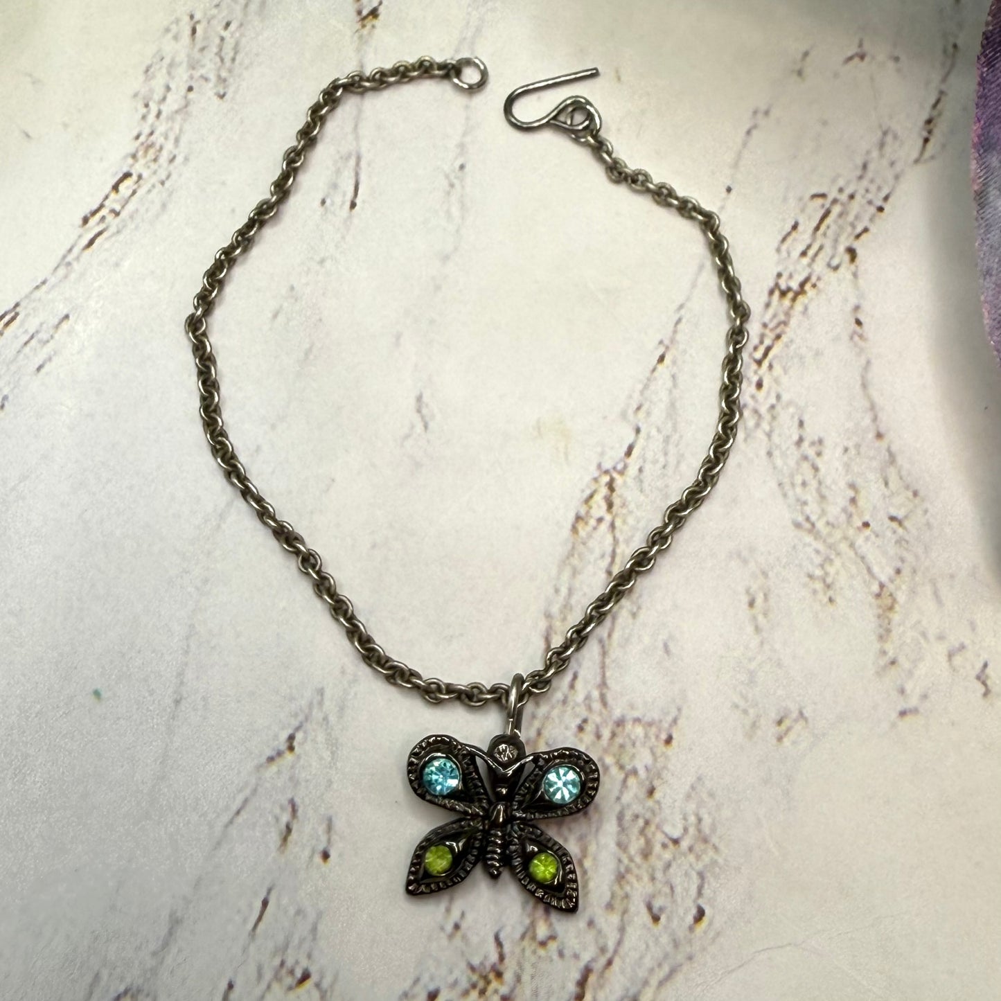 Butterfly Green Blue Rhinestone Pendant Gun Metal Silver Doll Necklace • 14 Inch Fashion Doll Jewelry