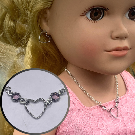 Silver Heart Chain Purple Crystal Necklace Earring Set • 18 Inch Fashion Doll