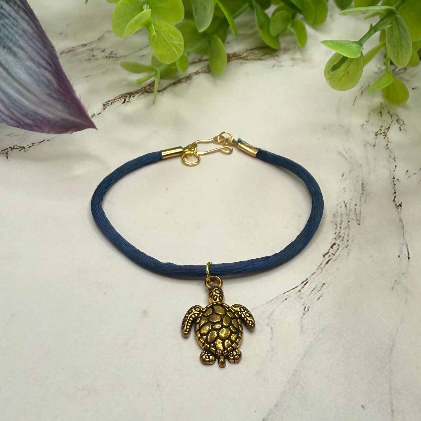 Gold Turtle Charm Blue Fabric Cord Doll Necklace• 18 Inch Fashion Doll Jewelry