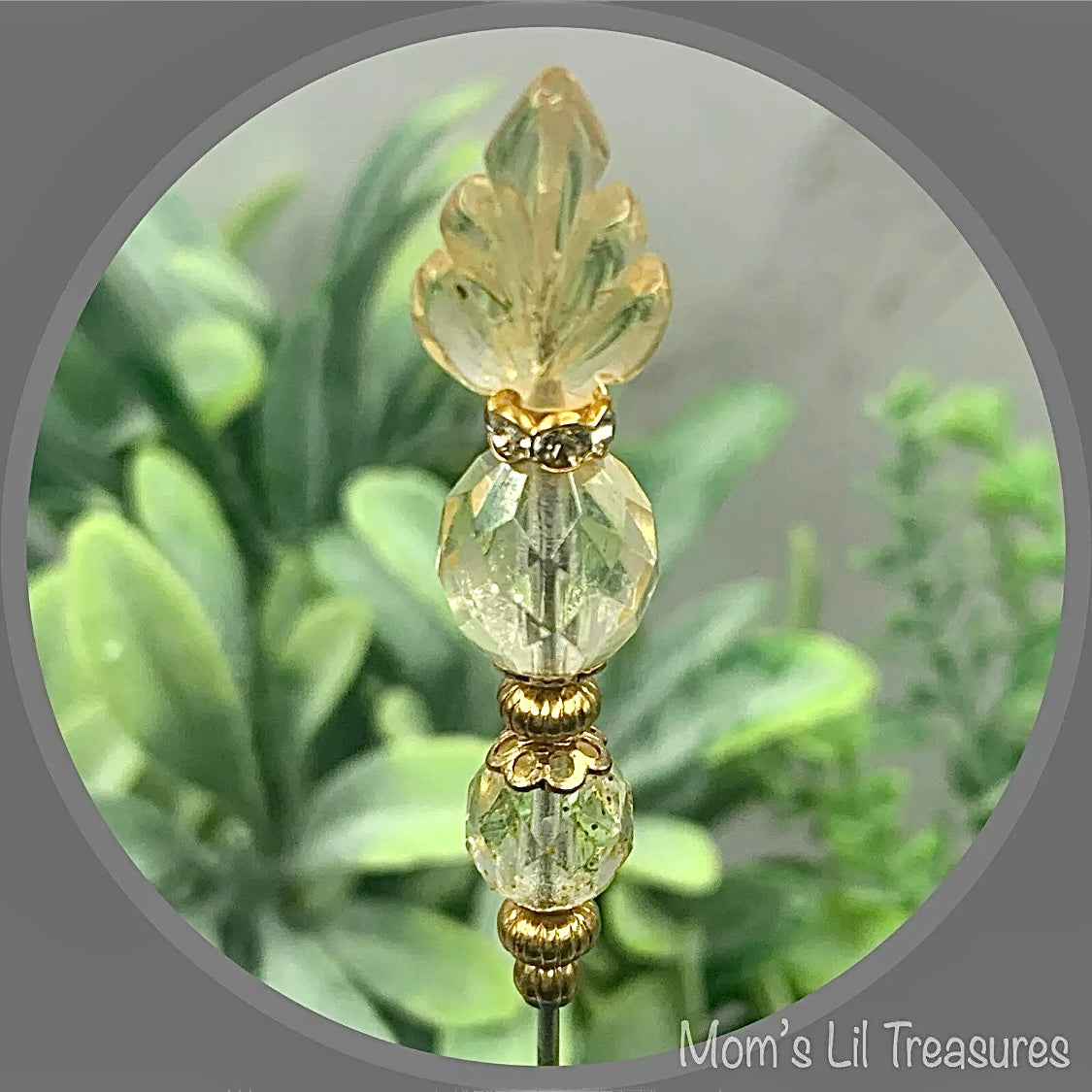 Light Yellow Glass Leaf Crystal Beaded - 6.25” Pin • Hatpin - Stick Pin