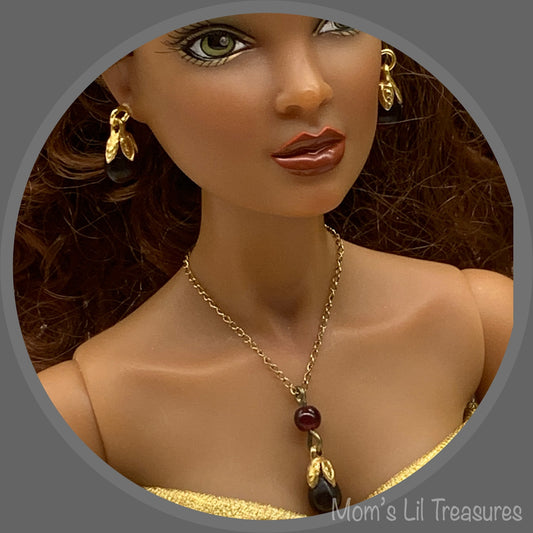 16” Fashion Doll Jewelry • Wine Red Teardrop Glass Doll Necklace Earrings Set