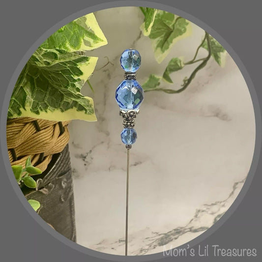 Blue Glass Crystal Silver Filigree - 8” • Hatpin - Stick Pin