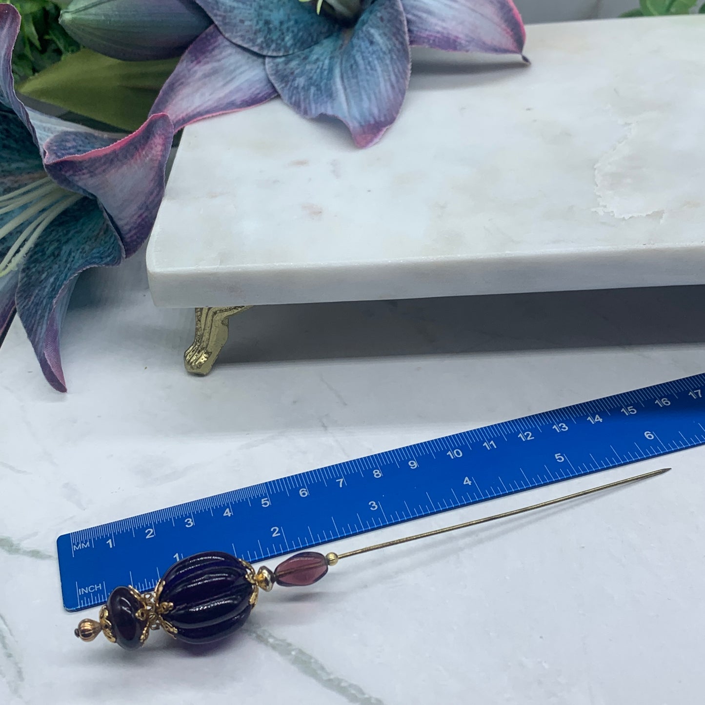Purple Acrylic Ribbed Spiral Design Gold Filigree • 6” Hatpin - Stick Pin