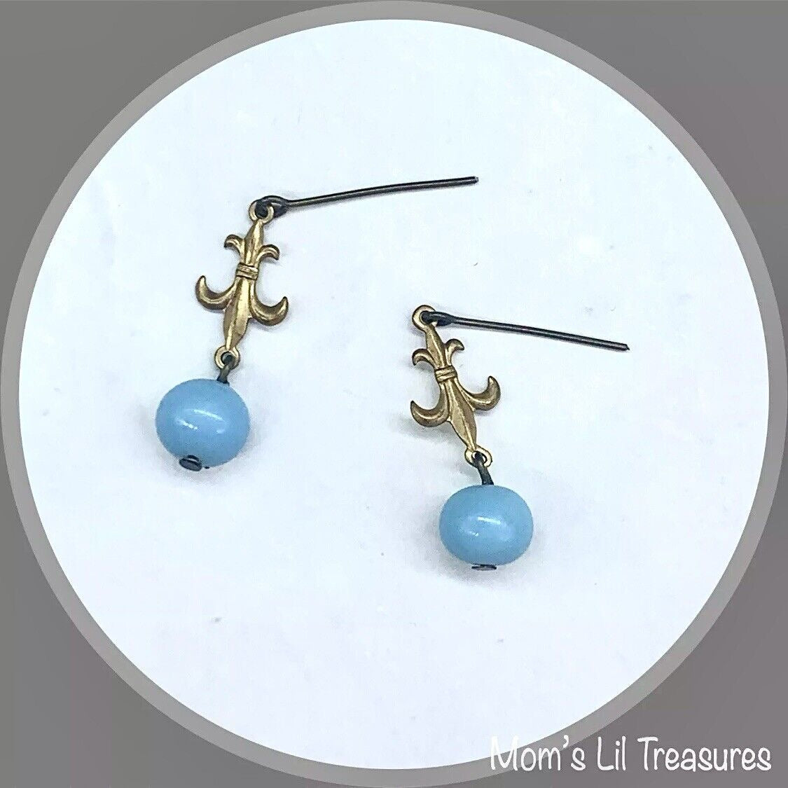 Round Blue Glass & Gold Fleur-de-lis Dangle Doll Earrings • 18” Doll Jewelry