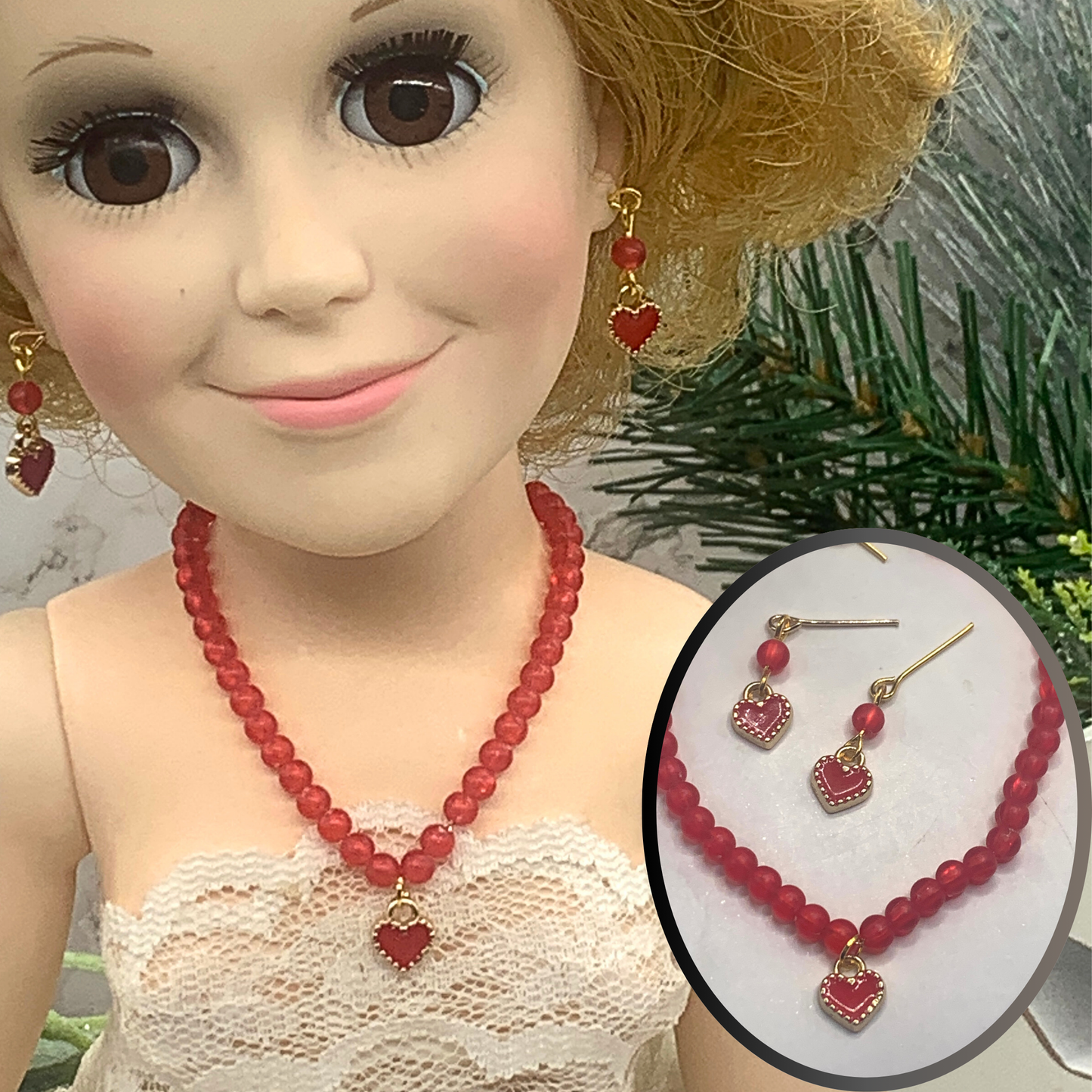 Red Gold Heart Beaded Gold Chain Necklace Earring Set 18-22” Doll Jewelry