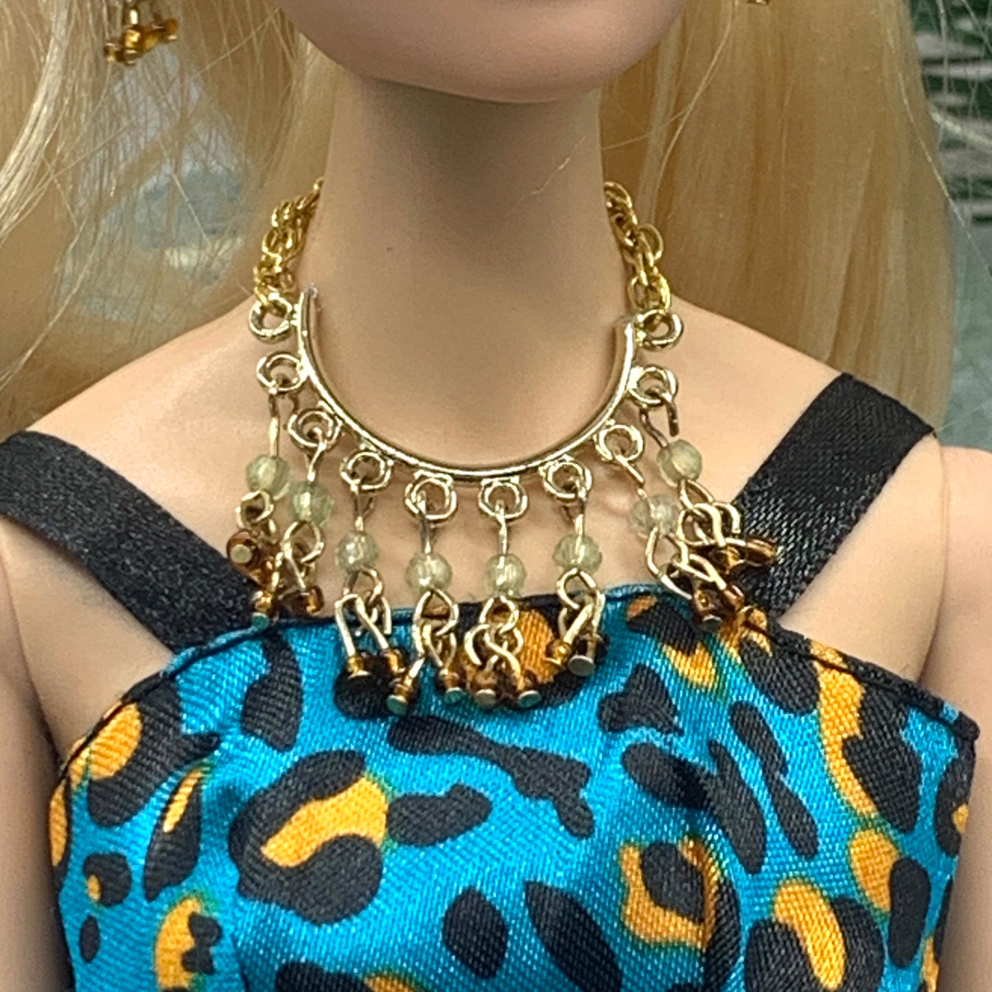 Light Green Brown Glass Dangle Doll Necklace Earrings Set • 16” Doll Jewelry