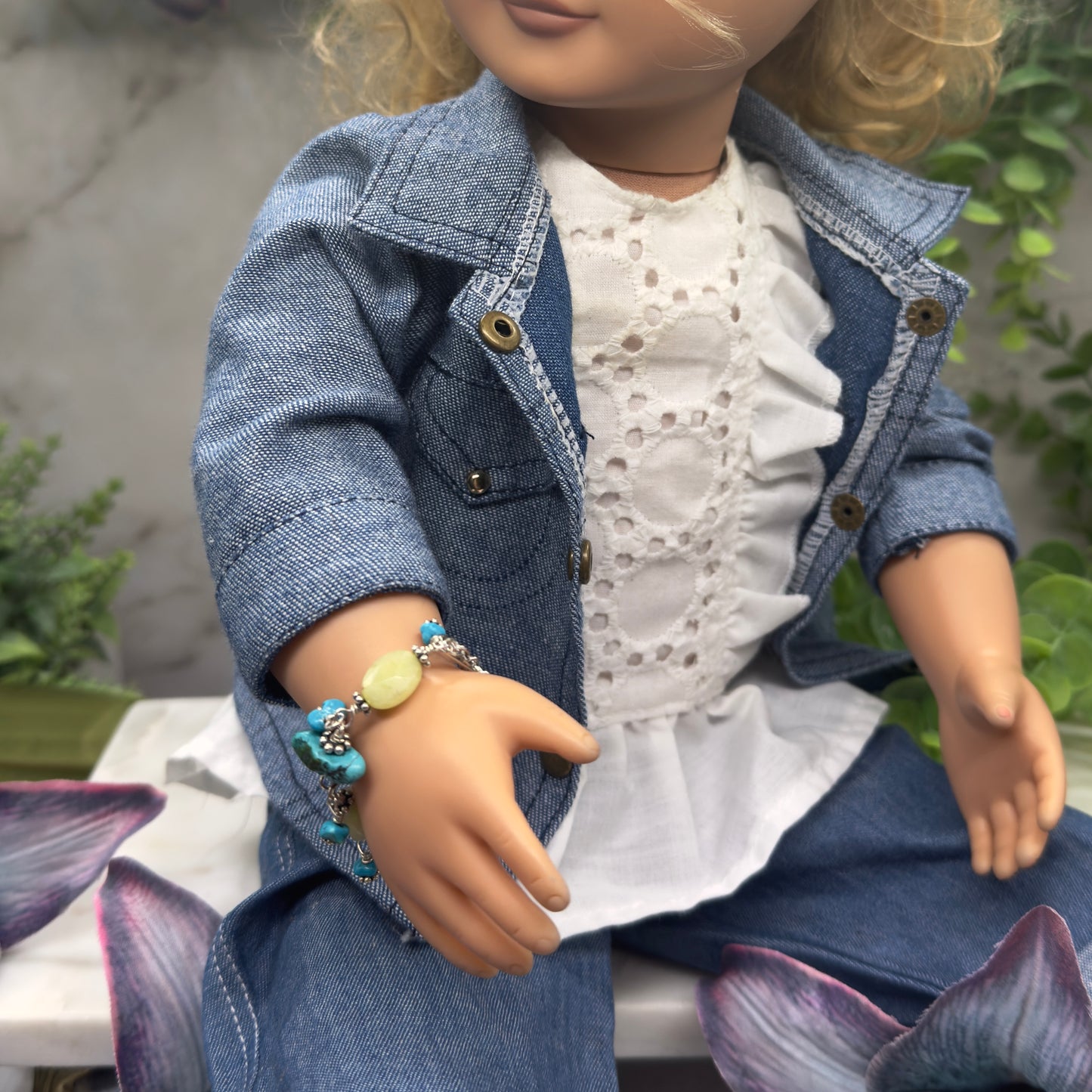 Light Green Turquoise Blue Beaded Dangle Doll Bracelet • 18 Inch Doll Jewelry