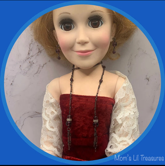 Lariat Wrap Purple Doll Necklace Earrings Set • 18-20 Inch Vintage Doll Jewelry