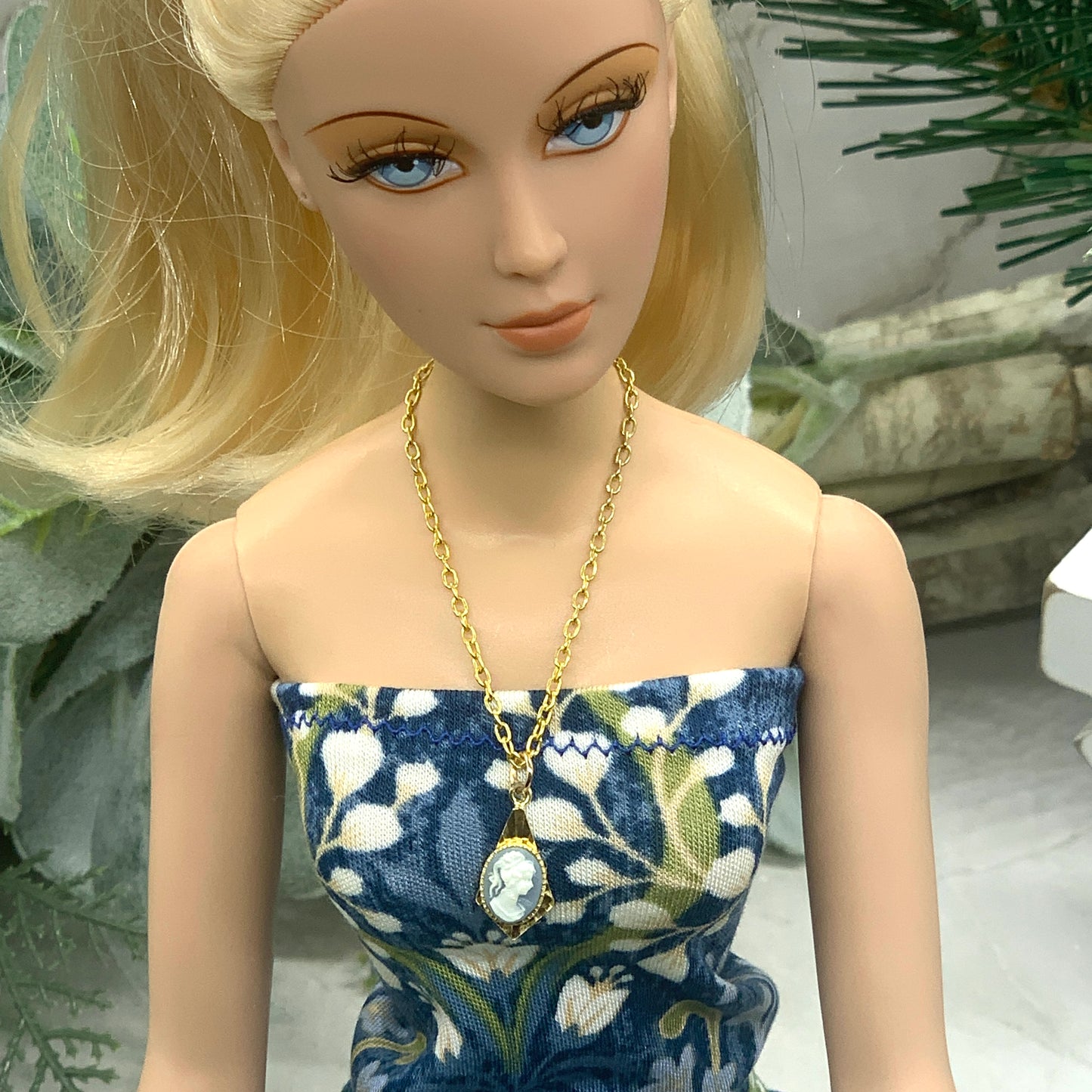 Blue Cameo Pendant Gold Chain Doll Necklace • 16 Inch Fashion Doll Jewelry