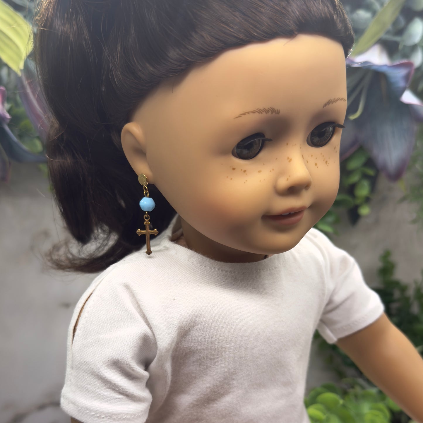 Gold Cross Blue Glass Doll Earring DANGLE ONLY • 18” Fashion Doll Jewelry
