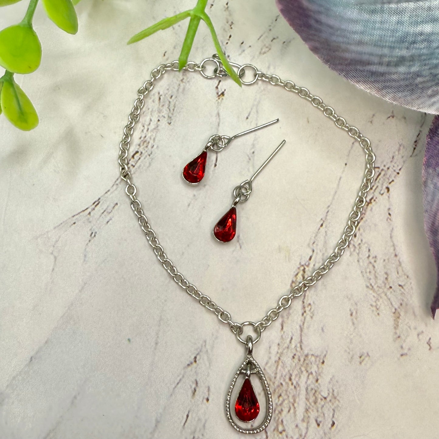 Red Teardrop Rhinestone Necklace & Earrings Set • 18” Fashion Doll Jewelry