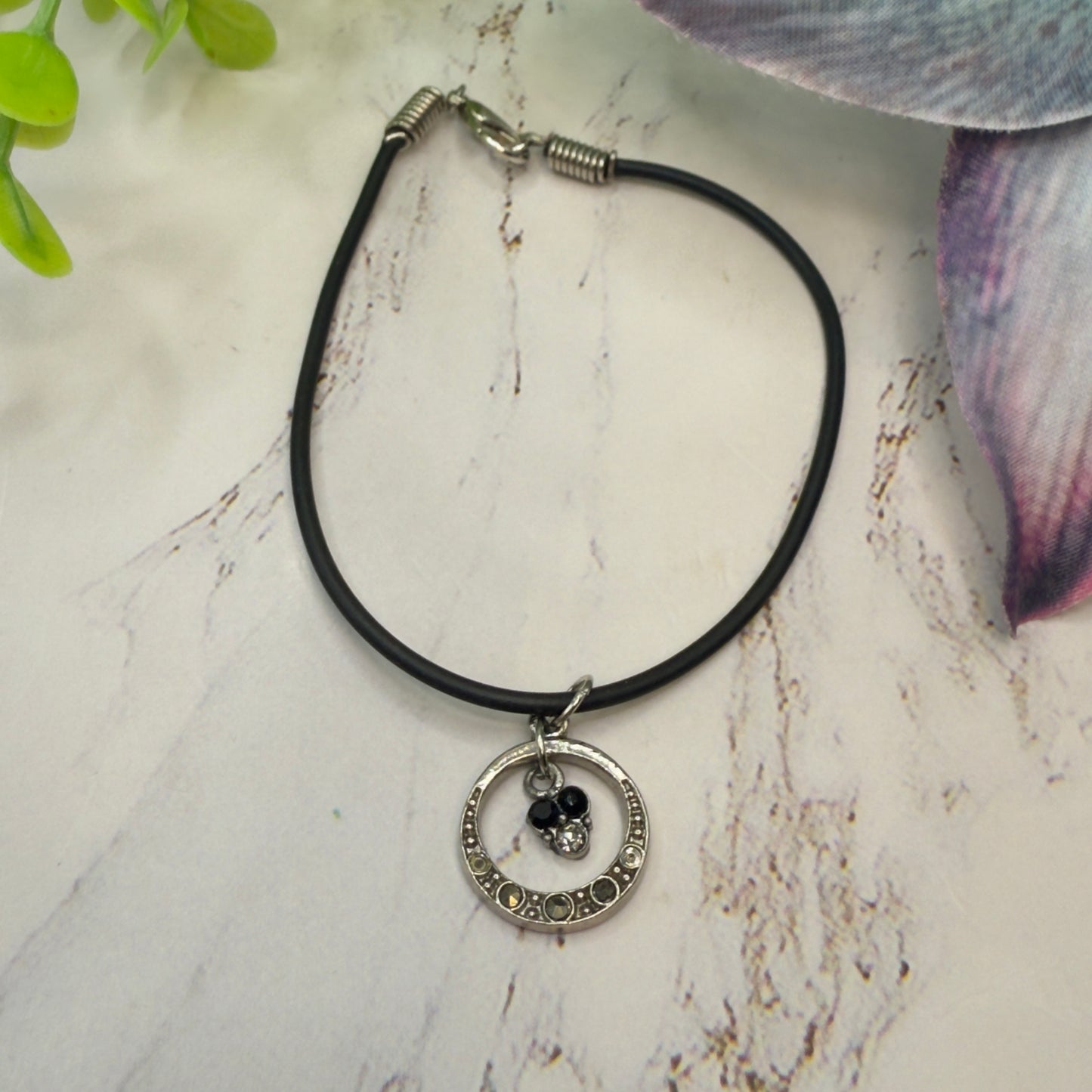 Black Gray Metallic Rhinestone Accent Circle Pendant Black Silicone Rubber Doll Necklace• 18 Inch Fashion Doll Jewelry