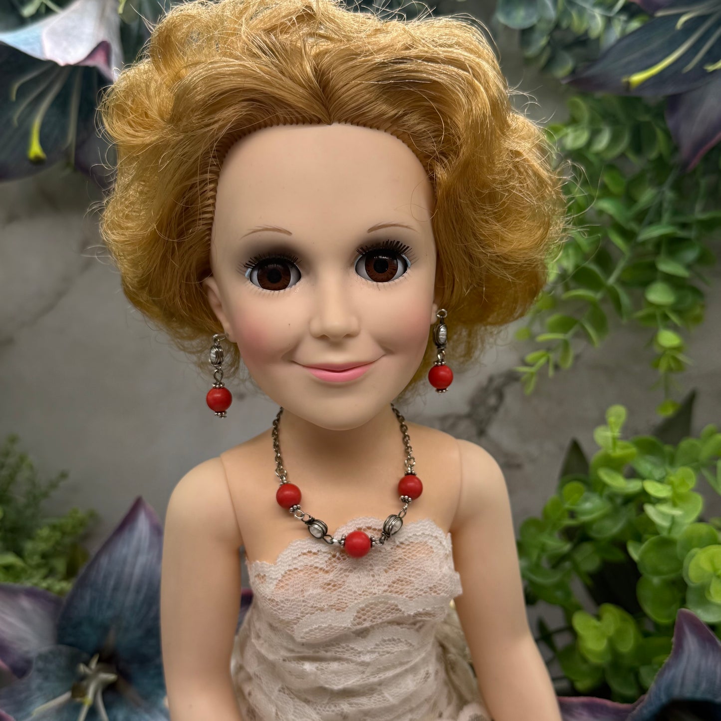 Candy Apple Red Pearl & Silver Doll Necklace & Earrings Set • 18 Inch Doll Jewelry