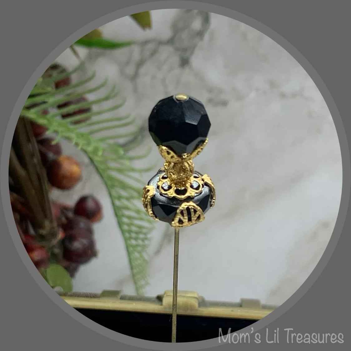 Black Crystal - Gold Tone Findings - 8” Pin • Hatpin - Stick Pin