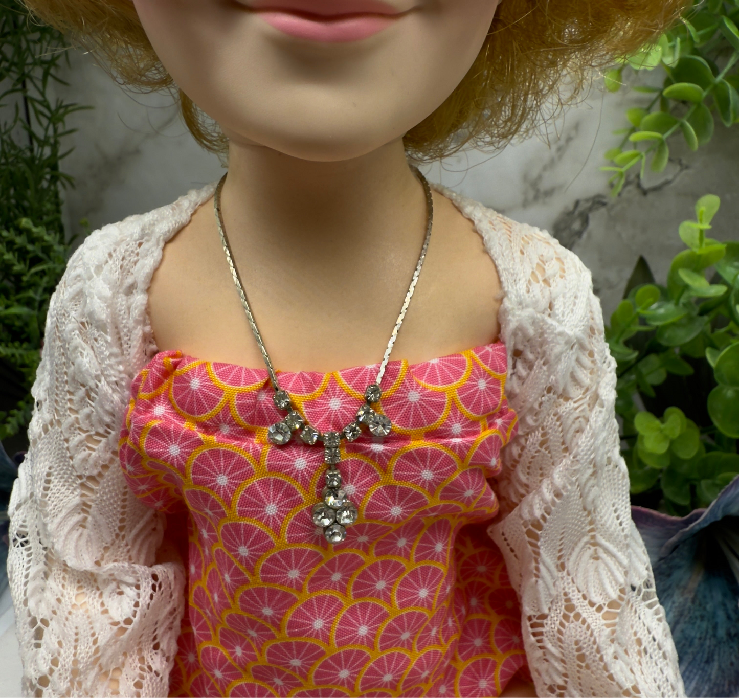 Clear Rhinestone Drop Dangle Silver Serpentine Doll Necklace • 18-22” Vintage Doll Jewelry