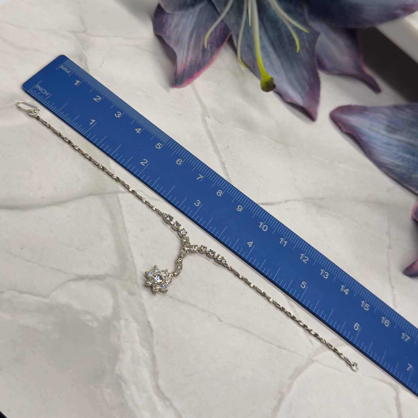 Flower Y Style Rhinestone Silver Doll Necklace • 18 inch Fashion Doll Jewelry
