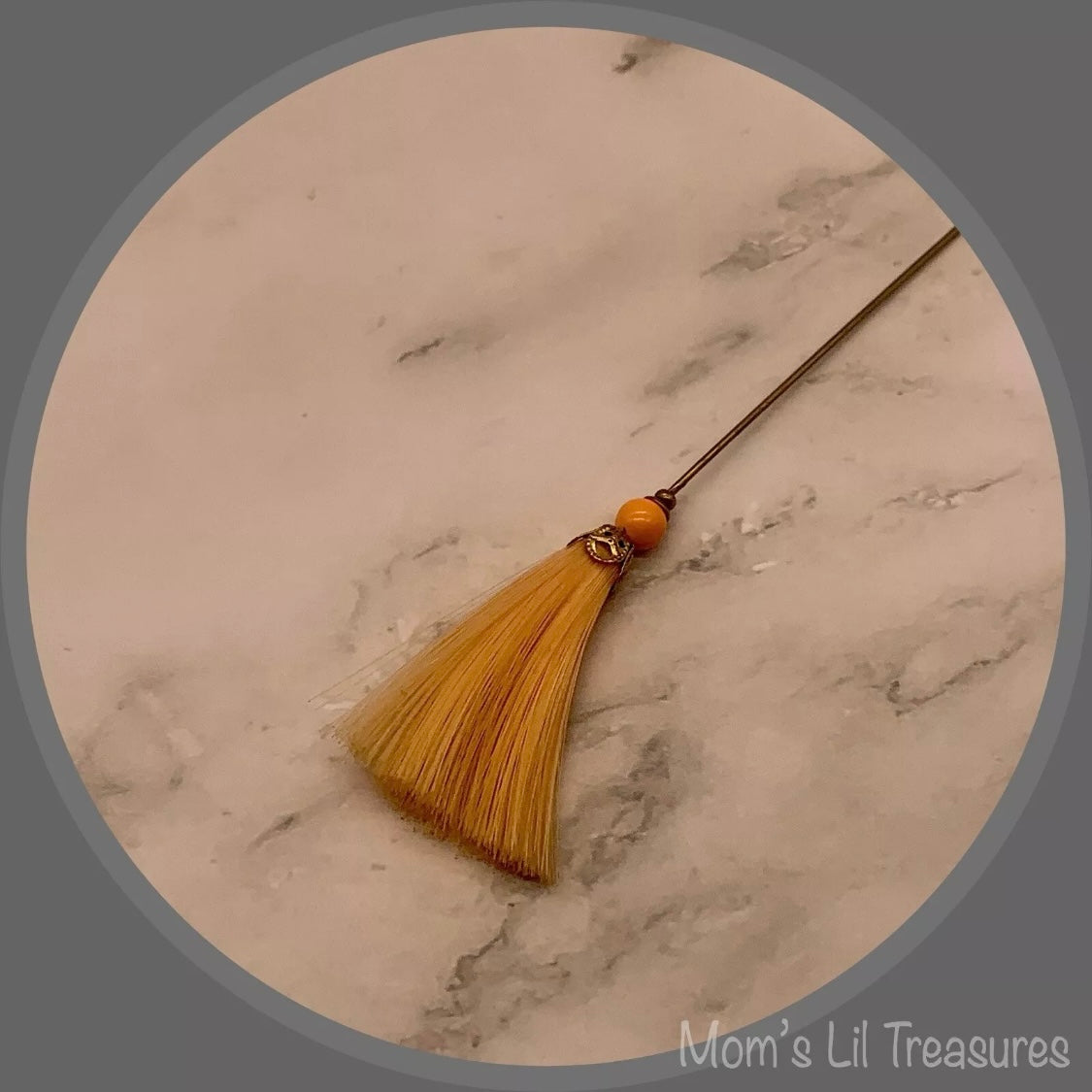 Peach Orange Fiber Tassel Broom Gold Tone Filigree • 7.25” Hatpin - Stick Pin