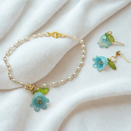 Turquoise Blue Bell Flower Lily of Valley Charm Pearl Beaded Doll Necklace & Earrings • 18 Inch Fashion Doll Jewelry