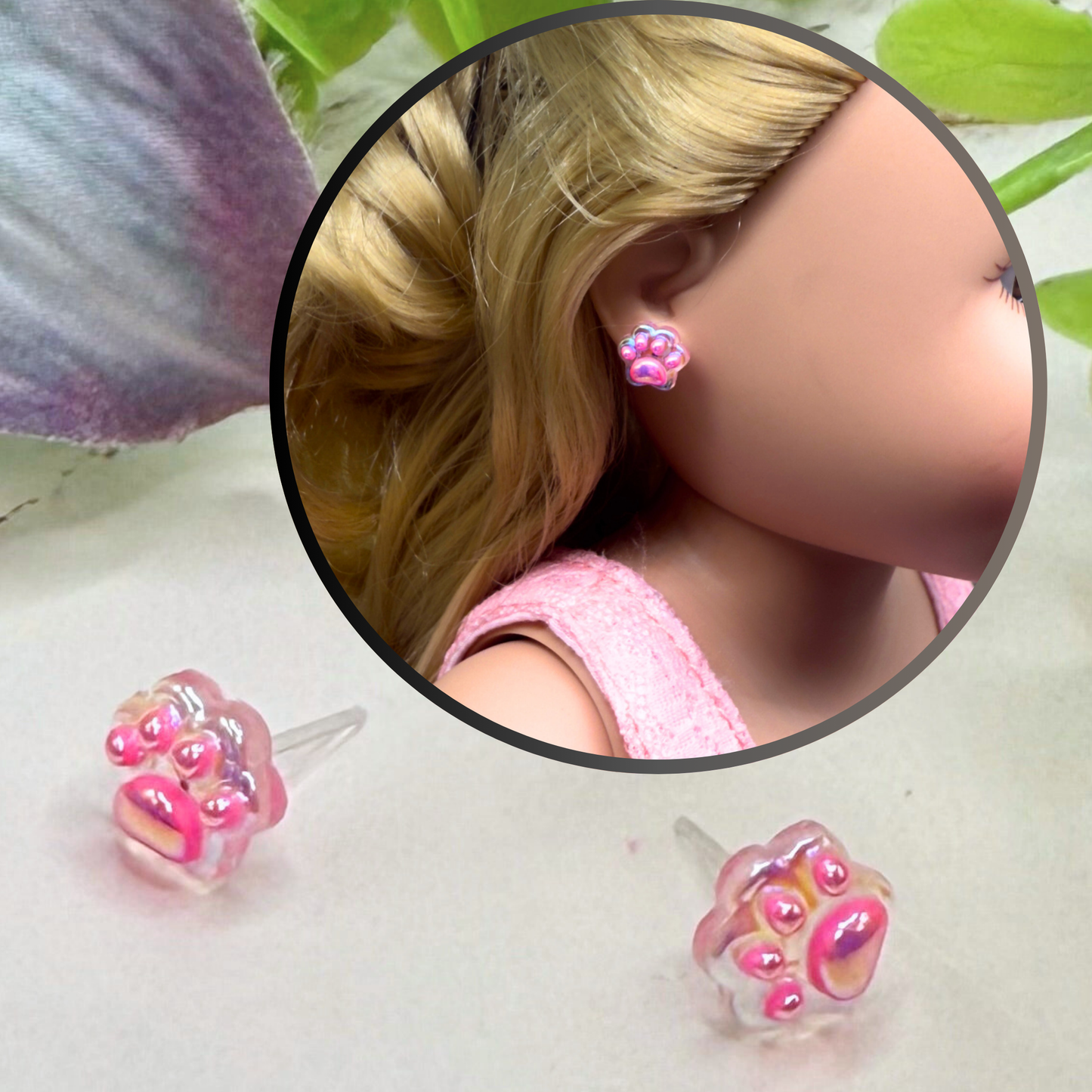 Pink Translucent Acrylic Paw Print Post Doll Earrings • 18 Inch Fashion Doll Jewelry