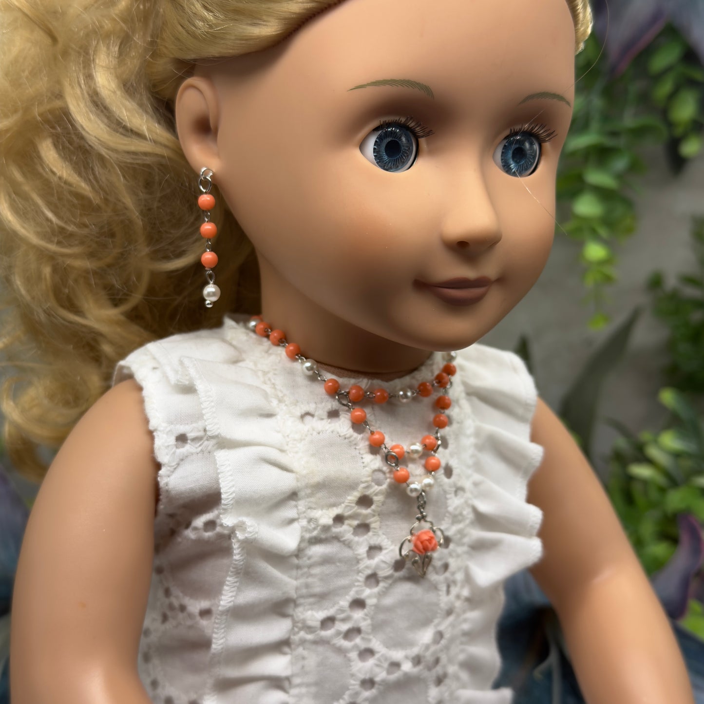 Coral Orange & Pearl Filigree Dangle Silver Doll Necklace & Earrings • 18 Inch Fashion Doll Jewelry