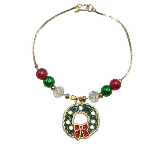 Christmas Wreath Charm Red Green Beaded Gold Doll Necklace • 18 Inch Fashion Doll Jewelry