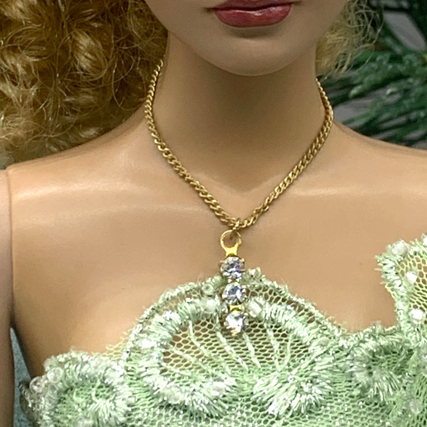 Clear Rhinestone Gold Chain Dangle Doll Necklace Earring Set • 16” Doll Jewelry
