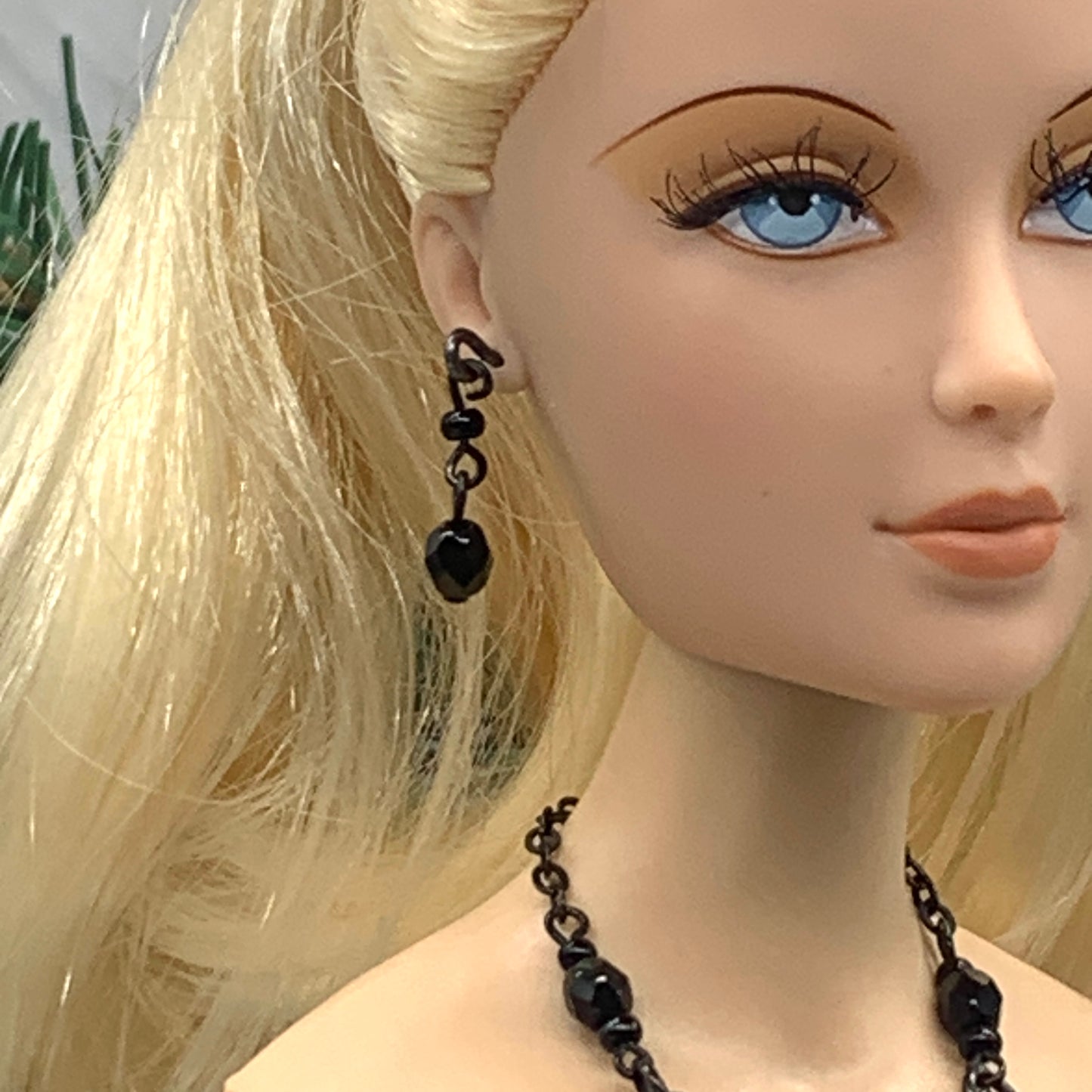Black Beaded Y Drop Flower Doll Necklace Matching Earring Set • 16” Doll Jewelry